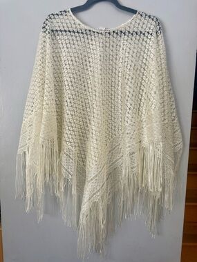 Boho 70s Style Hollow-Out Knit Poncho with Tassel Fringe Stevie Nicks Whimsygoth